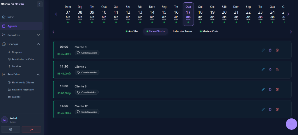 Agenda em formato de lista do SalonControl