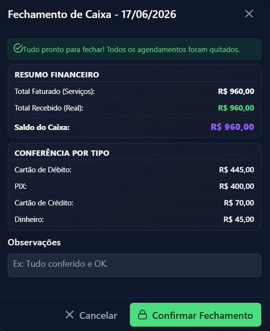 Fechamento de caixa do SalonControl