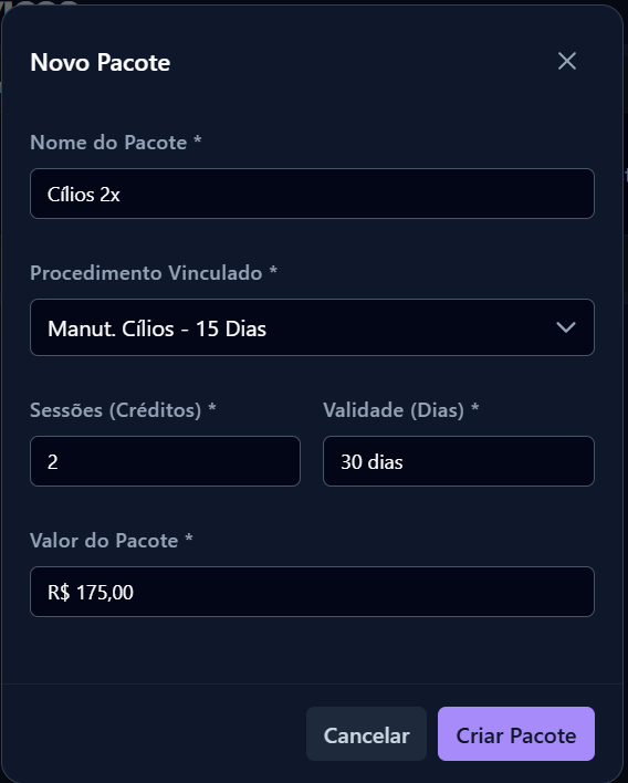 Cadastro de Novo Pacote no SalonControl