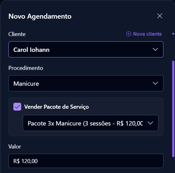 Venda de Pacote de Serviço na Agenda do SalonControl