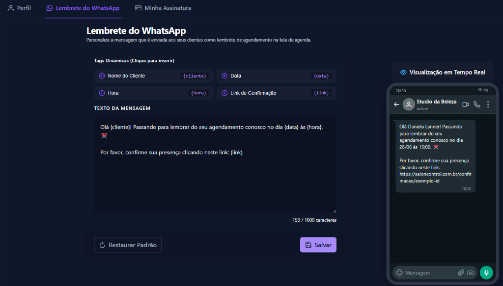 Configuração de lembrete de WhatsApp do SalonControl
